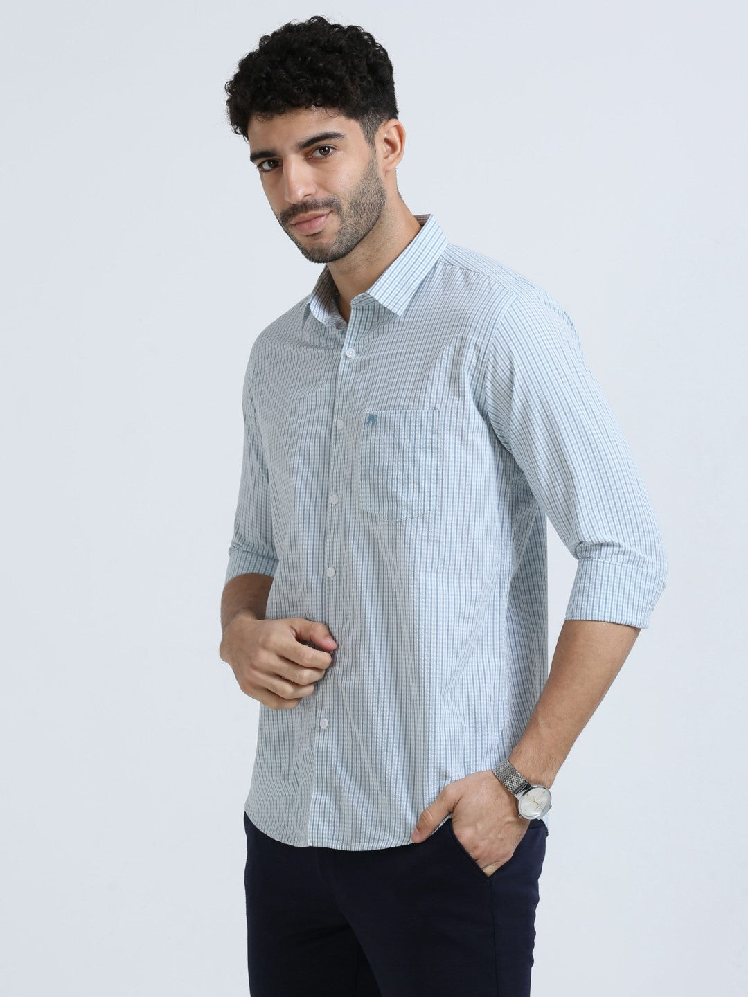 Buy Blue Seersucker Check Men's Shirt Online