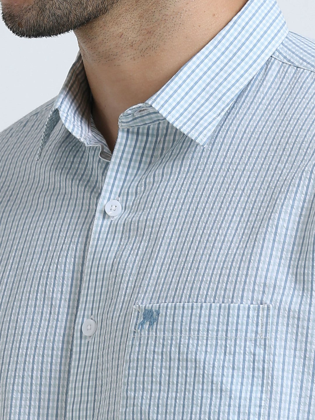 Buy Blue Seersucker Check Men's Shirt Online