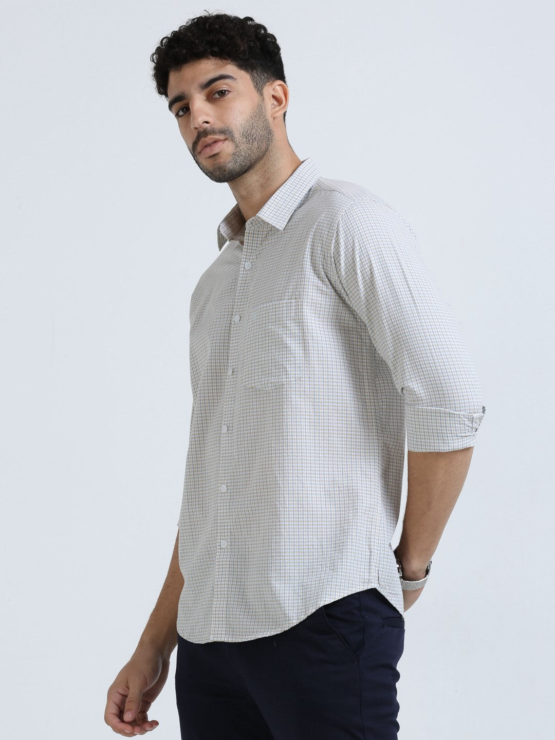 Buy Yellow Seersucker Check Men's Shirt Online