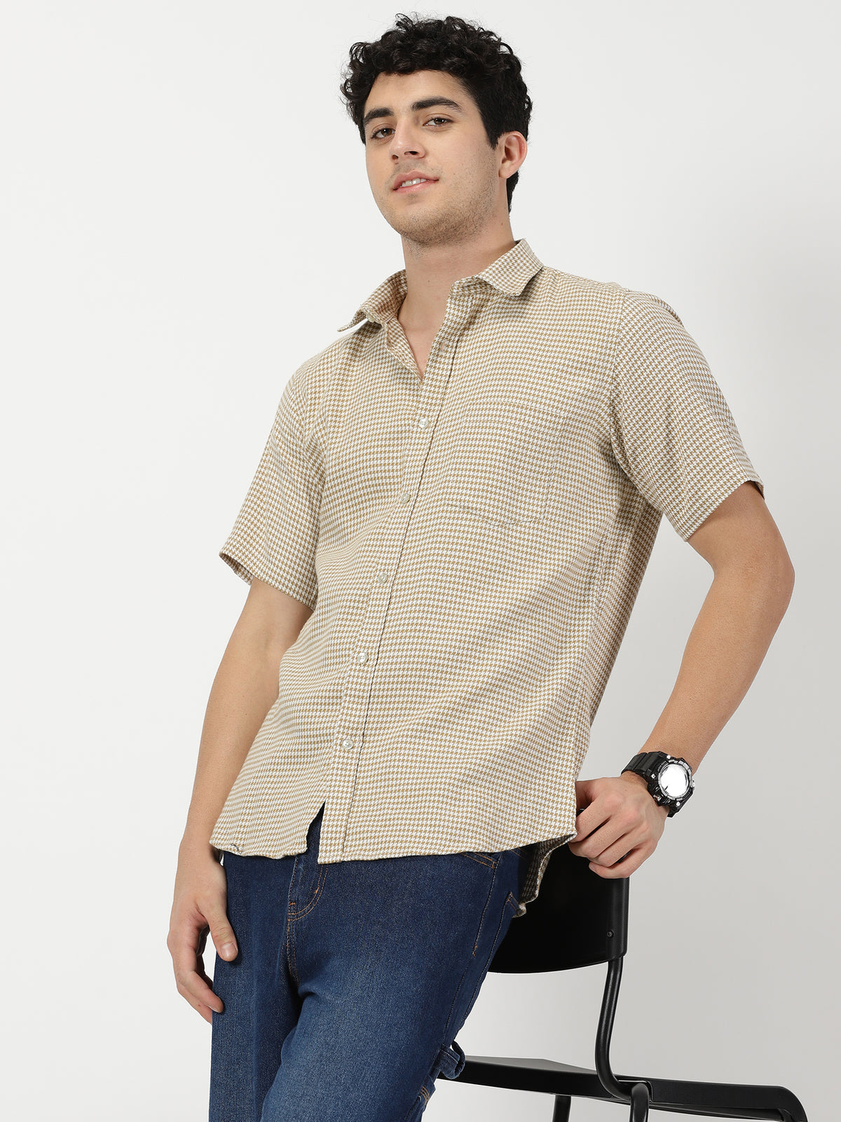 White and Ochre Houndstooth Shirt