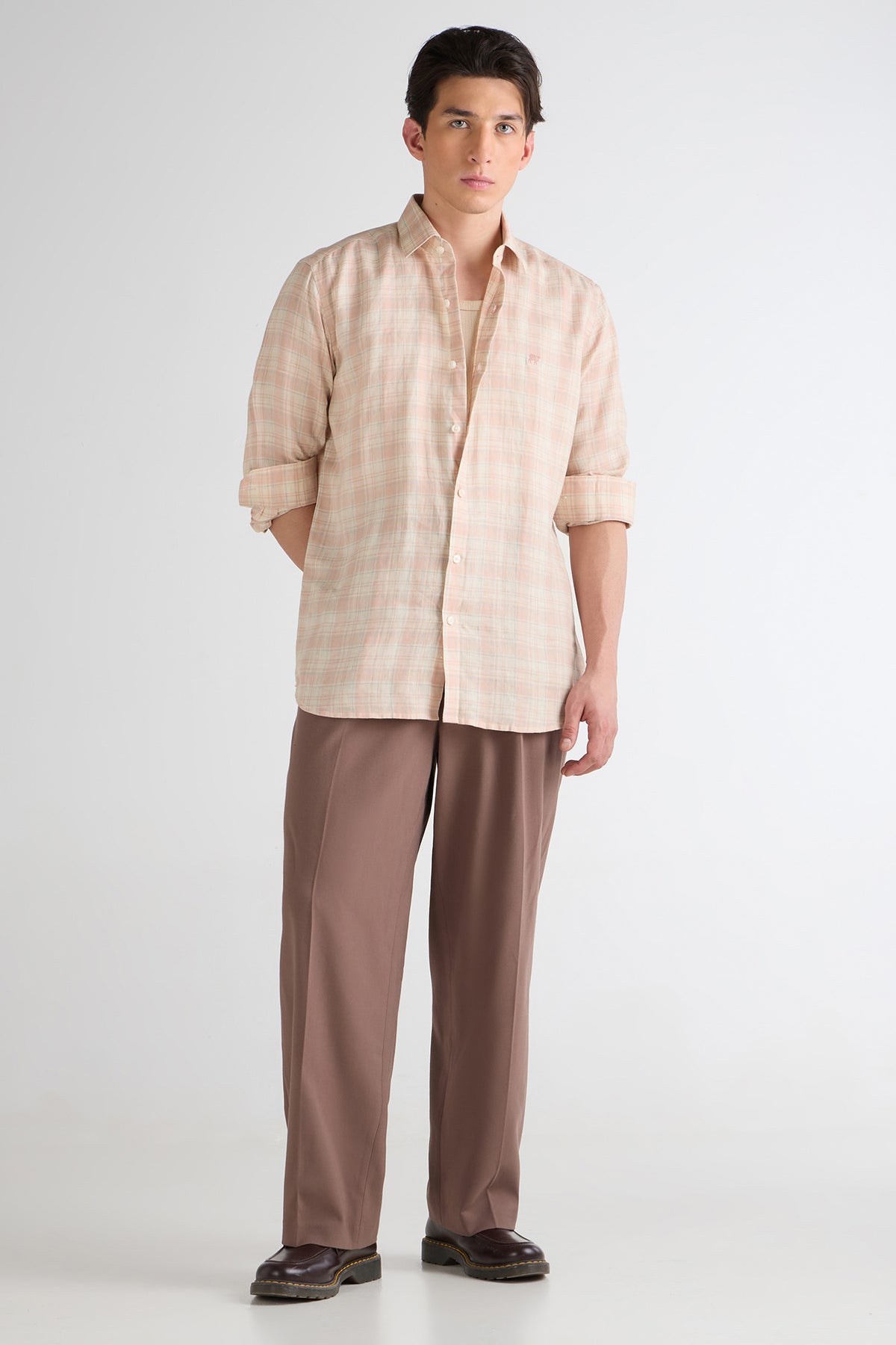 Vintage Peach Check Pure Linen Shirt