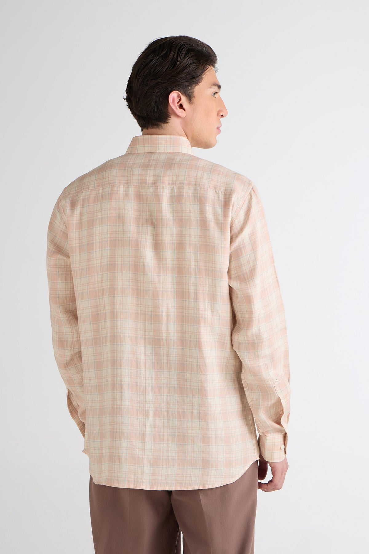 Vintage Peach Check Pure Linen Shirt