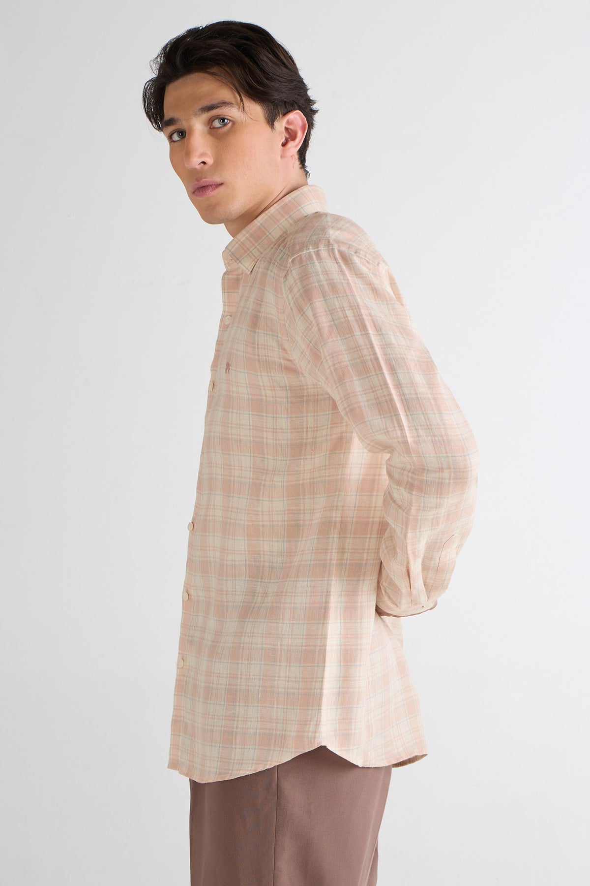 Vintage Peach Check Pure Linen Shirt